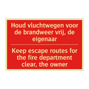 Houd vluchtwegen voor de brandweer vrij, /.../ - Keep escape routes for the fire department /.../