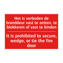 Het is verboden de branddeur vast te zetten, /.../ - It is prohibited to secure, wedge, or tie /.../
