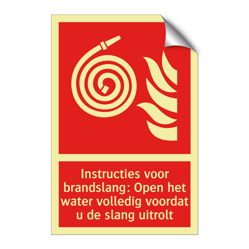 Instructies voor brandslang: Open het water volledig voordat u de slang uitrolt