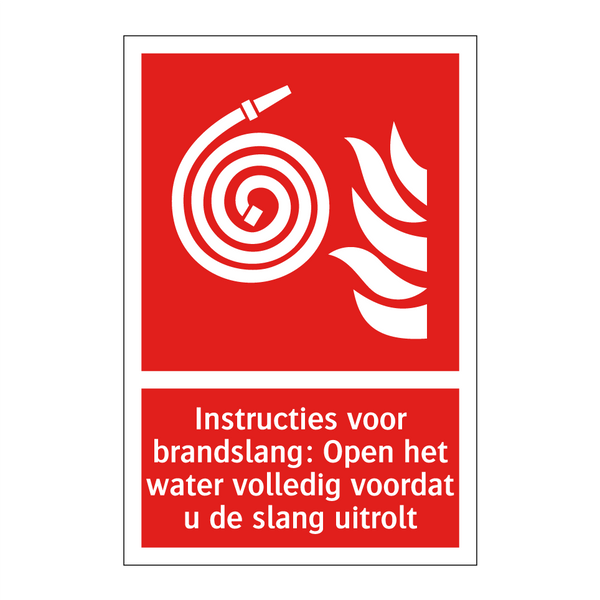 Instructies voor brandslang: Open het water volledig voordat u de slang uitrolt
