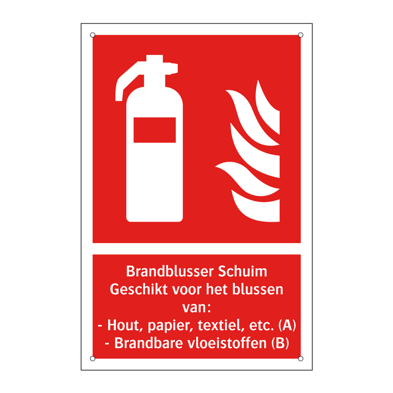 Brandblusser Schuim Geschikt voor het blussen van: - Hout, papier, textiel, etc. (A) - Brandbare vloeistoffen (B)