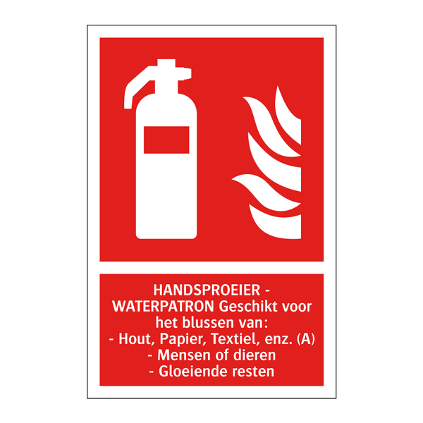 HANDSPROEIER - WATERPATRON Geschikt voor het blussen van: - Hout, Papier, Textiel, enz. (A) - Mensen of dieren - Gloeiende resten