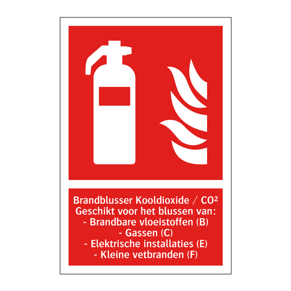 Brandblusser Kooldioxide / CO² Geschikt voor het blussen van: - Brandbare vloeistoffen (B) - Gassen (C) - Elektrische installaties (E) - Kleine vetbranden (F)
