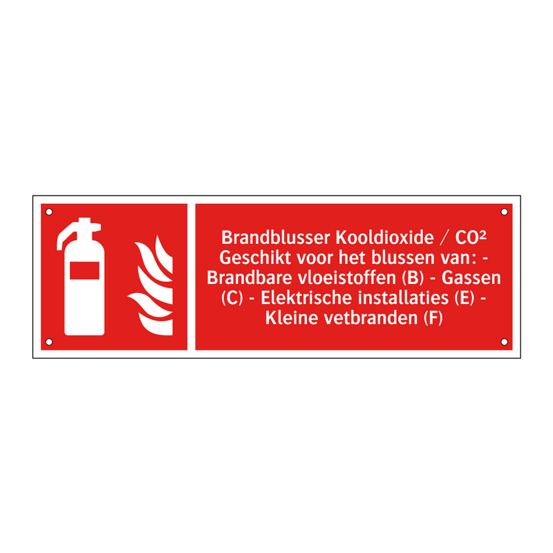Brandblusser Kooldioxide / CO² Geschikt voor het blussen van: - Brandbare vloeistoffen (B) - Gassen (C) - Elektrische installaties (E) - Kleine vetbranden (F)