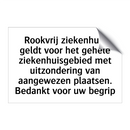 Rookvrij ziekenhuis geldt voor het gehele ziekenhuisgebied met uitzondering van aangewezen plaatsen. Bedankt voor uw begrip