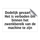 Dodelijk gevaarlijk. Het is verboden om binnen het zwenkbereik van de machine te zijn