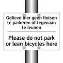 Gelieve hier geen fietsen te parkeren /.../ - Please do not park or lean bicycles /.../