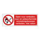 Open vuur verboden; vuur en onbeschermde ontstekingsbronnen verboden, niet roken