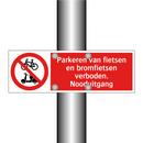 Parkeren van fietsen en bromfietsen verboden. Nooduitgang