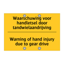 Waarschuwing voor handletsel door tandwielaandrijving - Warning of hand injury due to gear drive