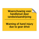 Waarschuwing voor handletsel door tandwielaandrijving - Warning of hand injury due to gear drive