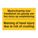 Waarschuwing voor handletsel als /.../ - Warning of hand injury due to /.../