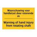 Waarschuwing voor handletsel door roterende as - Warning of hand injury from rotating shaft