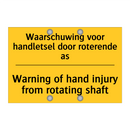 Waarschuwing voor handletsel door roterende as - Warning of hand injury from rotating shaft