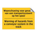 Waarschuwing voor gevaren van /.../ - Warning of hazards from a conveyor /.../