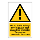 Let op Steile helling! Levensgevaar door gevaarlijke ondiepten Toegang en zwemmen verboden