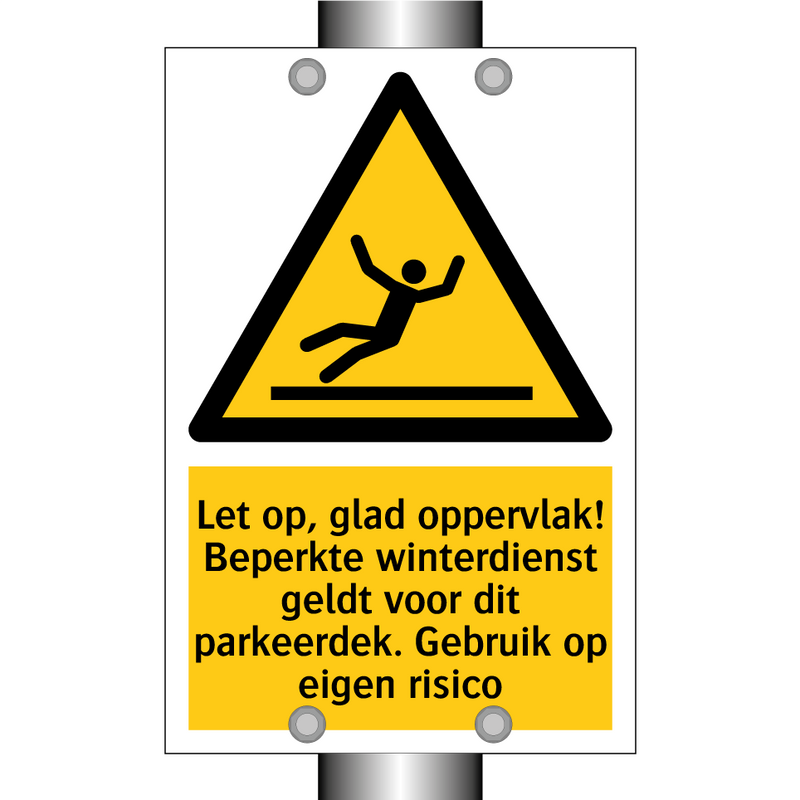 Let op, glad oppervlak! Beperkte winterdienst geldt voor dit parkeerdek. Gebruik op eigen risico