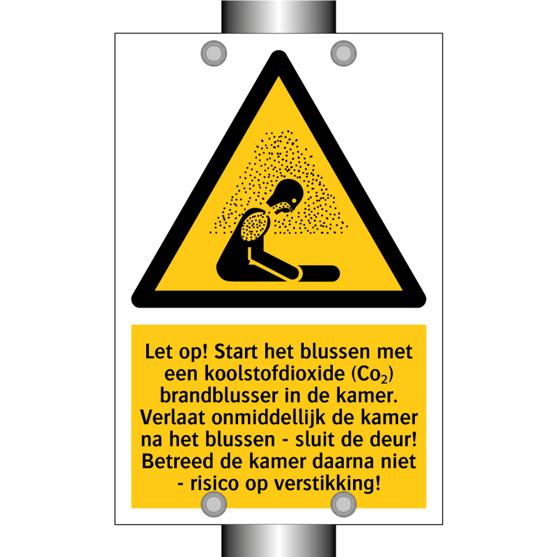 Let op! Start het blussen met een koolstofdioxide (Co₂) brandblusser in de kamer. Verlaat onmiddellijk de kamer na het blussen - sluit de deur! Betreed de kamer daarna niet - risico op verstikking!