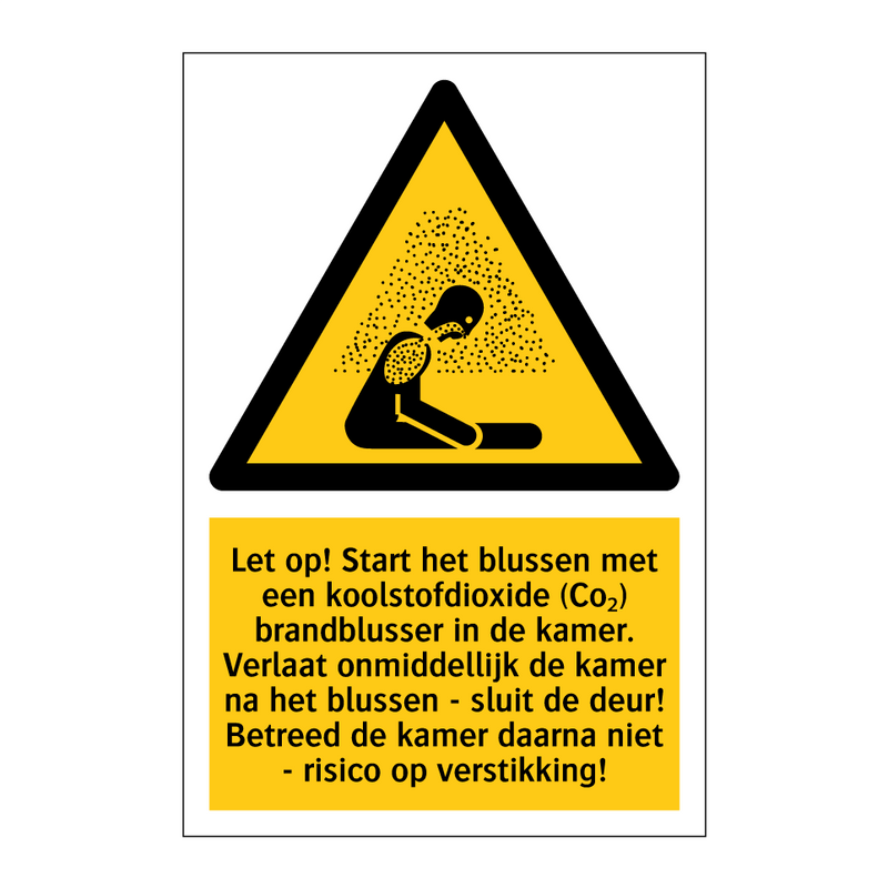 Let op! Start het blussen met een koolstofdioxide (Co₂) brandblusser in de kamer. Verlaat onmiddellijk de kamer na het blussen - sluit de deur! Betreed de kamer daarna niet - risico op verstikking!