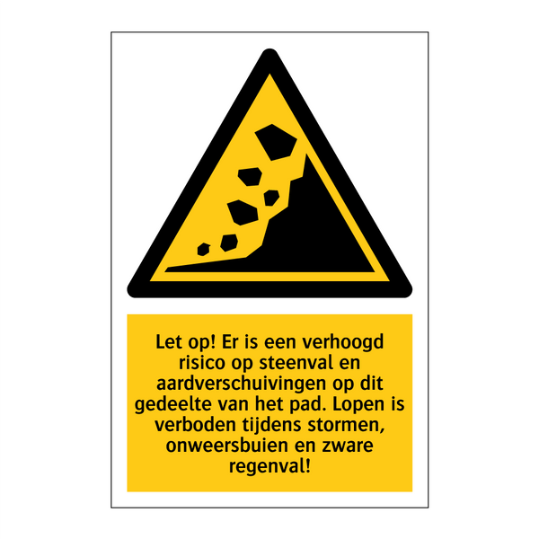 Let op! Er is een verhoogd risico op steenval en aardverschuivingen op dit gedeelte van het pad. Lopen is verboden tijdens stormen, onweersbuien en zware regenval!