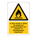 In deze ruimte is alleen de opslag van motorvoertuigen met benzine- of dieselbrandstof toegestaan!