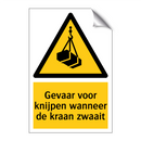 Gevaar voor knijpen wanneer de kraan zwaait & Gevaar voor knijpen wanneer de kraan zwaait