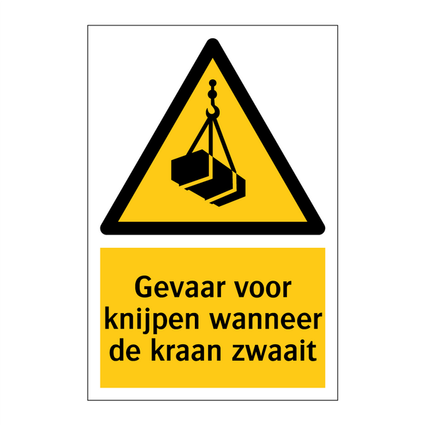 Gevaar voor knijpen wanneer de kraan zwaait & Gevaar voor knijpen wanneer de kraan zwaait