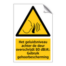 Het geluidsniveau achter de deur overschrijdt 80 dB(A). Gebruik gehoorbescherming