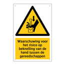 Waarschuwing voor het risico op beknelling van de hand tussen de gereedschappen