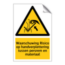 Waarschuwing Risico op handverplettering tussen persrem en materiaal