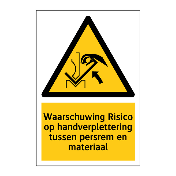 Waarschuwing Risico op handverplettering tussen persrem en materiaal